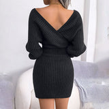 Long Sleeve Knitted Wrap Mini Dress Black